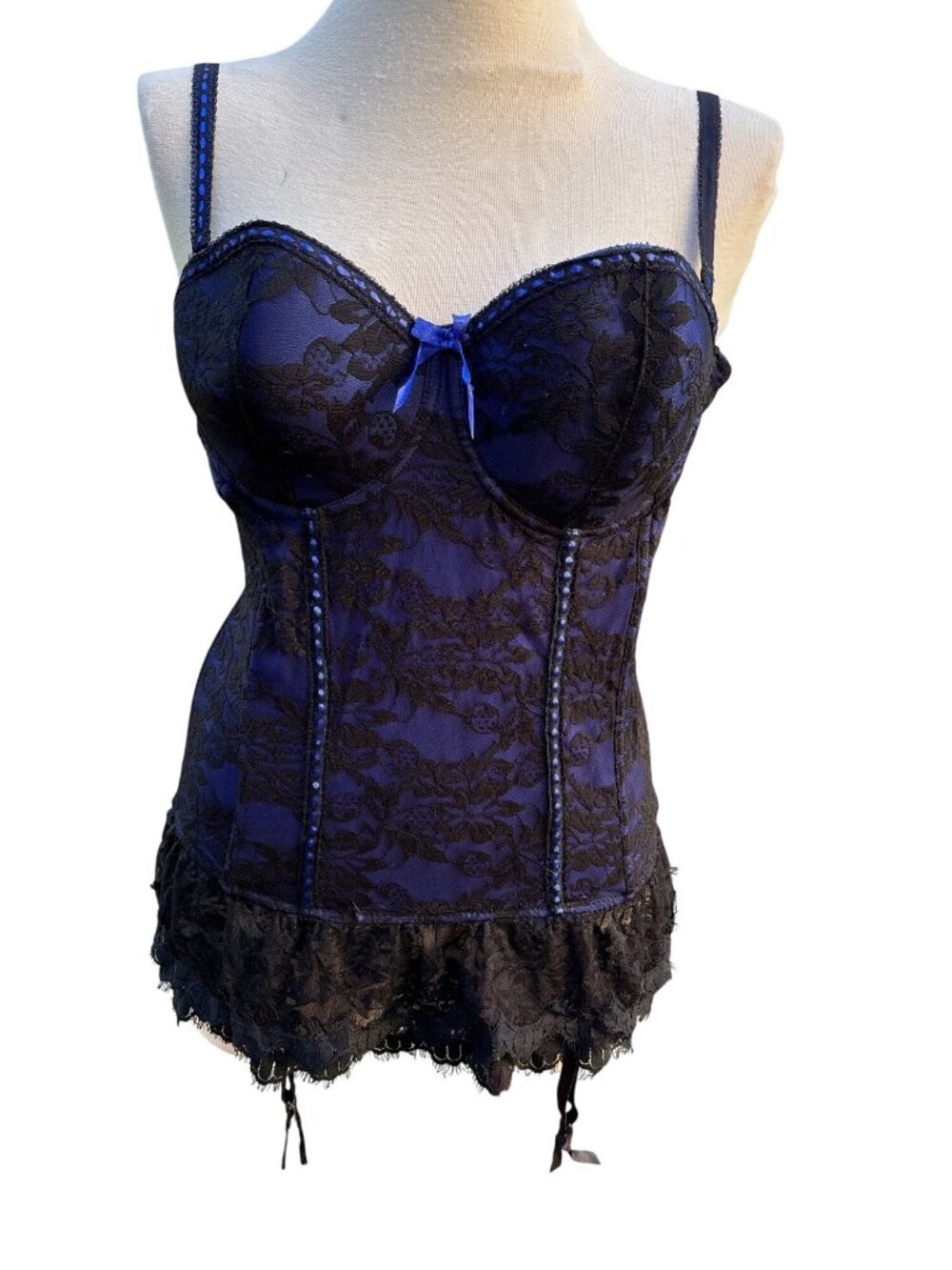 Blue & Black Lace Corset Bustier With Adjustable Straps & Ruffle Hem